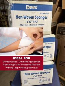 lot 7 image: MSRP $150  3 Cases (5000 sponges each per case) NEW Defend NW-0200 2 x 2 Non-Woven 4-Ply Sponges - SalonInk Shop All-Purpose Non-Sterile Pads, Absorbent Dental Gauze Wound Care Product for First Aid KitMedical Facilities