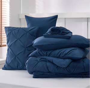 lot 207 image: Bedsure Navy Comforter Set Queen - Bed in a Bag Queen 7 Pieces, Pintuck Bedding Sets Navy Blue Bed Set with Comforter, Sheets, Pillowcases & Shams