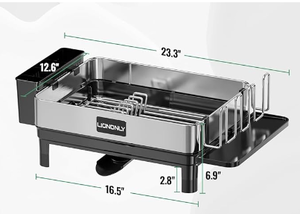 lot 212 image: Dish Drying Rack, Thicker Premium 304 Stainless Steel Dish Racks for Kitchen Counter, Dish Drainer & Drainboard Set Dish Rack with Adjustable Spout, Utensil Holder and Cup Holder, Black