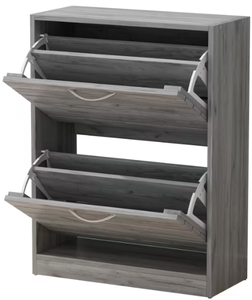 lot 237 image: Gray Wood Louver Door Shoe Storage Cabinet with 2-Drawers for Entryway Hallway
