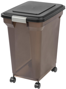 lot 242 image: IRIS USA WeatherPro Airtight Dog Food Storage Container, Up to 22 lbs, Attachable Wheels, For Dog Cat Bird and Other Pet Food Storage Bin, SmokeBlack