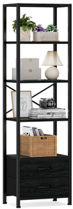 lot 417 image: Furnulem 5-Tier Corner Shelf, Narrow Bookshelf with 2 Storage Drawers, 65.16 Tall Bookcase, Standing Shelf Organizer Unit for Living Room, Bedroom, Metal Frame, Wood Display Shelf(Black Oak)