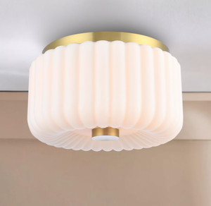 lot 117 image: Brass Semi Flush Mount Ceiling Light Fixture, Pumpkin Style Frosted Glass Vintage Close to Ceiling Light Fixture