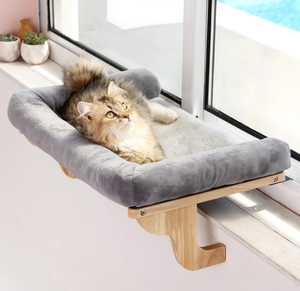 lot 610 image: Cat Perch for Window Sill with Bolster - Orthopedic Hammock Design with Premium Hardwood & Robust Metal Frame
