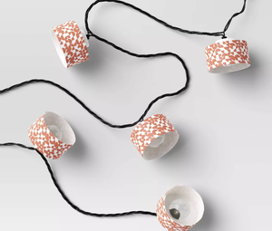 lot 471 image: LOT of 4 10ct LED Brown Printed Geo Shades Indoor Outdoor Orb and Globe String Lights Clear Bulbs with Black Wire - Threshold