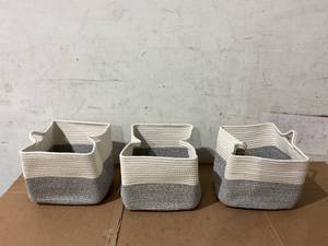 lot 217 image: LOT OF 3 COMFY-HOMI Cotton Rope Woven Basket with Handles-WhiteGrey