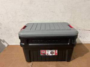 lot 30 image: Rubbermaid 24 Gallon ActionPacker Storage Bin, Heavy Duty, Lockable, Black, Included Lid