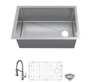 lot 74 image: Tight Radius Undermount Single Bowl Gauge Stainless Steel Kitchen Sink with Spring Neck Faucet