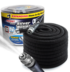 lot 557 image: Pocket Hose Silver Bullet 100 FT Expandable Garden Hose, Water Hose with Lead-Free Aluminum Connectors