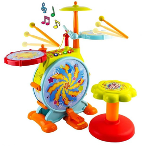 lot 637 image: Prextex Kids Drum Set with Working Microphone, Lights, Adjustable Sound, Bass Drum, Pedal, Drum Sticks, and Little Chair