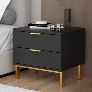 lot 789 image: 2-Drawer Black Wooden Nightstand Bedside Table With 4 Metal Legs