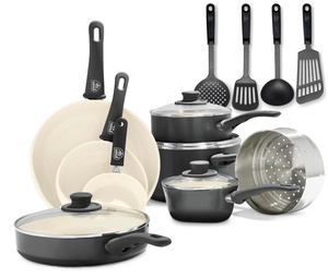 lot 81 image: GreenLife Soft Grip Healthy Ceramic Nonstick 16 Piece Kitchen Cookware Pots and Frying Sauce Pans Set, PFAS-Free, Dishwasher Safe, Black and Cream
