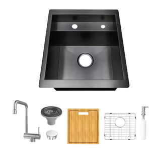 lot 597 image: Glacier Bay Zero Radius 17 in. Undermount 18G Gunmetal Black Stainless Steel Single Bowl Workstation Bar Sink with Folding Faucet
