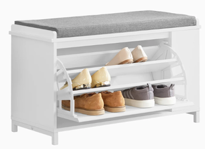 lot 604 image: SoBuy FSR105-W, White Flip-Drawer Shoe Bench, Storage Bench with Side Shelf and Removable Seat Cushion