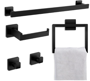 lot 730 image: Herogo 5 Pieces Bathroom Accessories Set, 23.5 Inch Matte Black Bathroom Hardware Set, Including Toilet Paper Holder, Hand Towel Holder, Hooks & Ring, Bath Towel Racks Bars Wall Mount