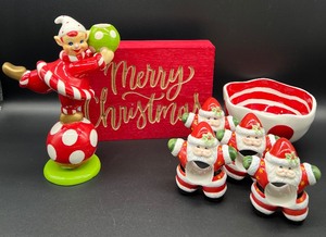 lot 176 image: Variety of Ceramic Christmas Treasures including Napkin Rings, Bowl, Candle Holder and Sign
