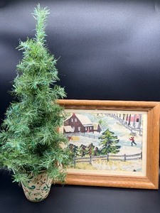 lot 178 image: Vintage Wooden Framed Grandma Moses Barkcloth with Faux Table Top Christmas Tree