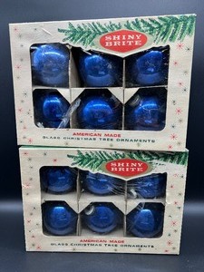 lot 179 image: Vintage Blue SHINY BRITE Glass Christmas Ornaments - 2 Boxes of 6