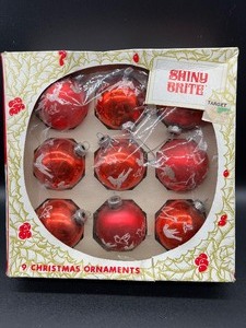 lot 185 image: Vintage Red SHINY BRITE Stenciled Glass Ornaments with Box - Dove  Birds