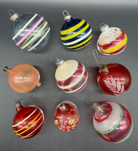 lot 206 image: Assorted Vintage Glass Ornaments including Mica Shiny Brite - QTY 9