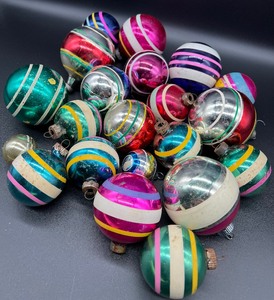 lot 207 image: Vintage Glass Striped Ornaments including Shiny Brite