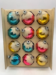 lot 12 image: 12 Vintage  SHINY BRITE Mica Stenciled  Ornaments - Pink, Blue & Yellow #1