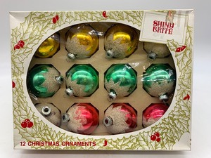 lot 13 image: 12 Vintage SHINY BRITE Mica Stenciled Ornaments - Pink, Blue & Yellow #2
