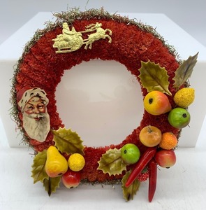 lot 17 image: Antique Vintage Chenille Wreath with Faux Fruit and German Scrap