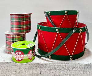lot 127 image: Pair of Drum Baskets and Assorted Holiday Ribbon