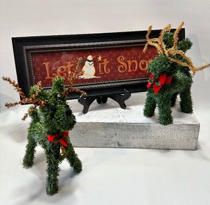 lot 129 image: Pair of REINDEER TOPIARIES and Framed LET IT SNOW Art