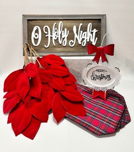 lot 131 image: O Holy Night WOODEN Sign, METAL Merry Christmas Sign, Plaid Placemats and FLOCKED Decorative Greenery