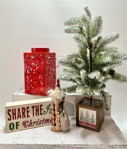 lot 132 image: Joy of Christmas WOODEN Sign, Snowflake Lantern, Mini Tree and Santa Figurine