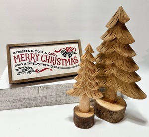 lot 154 image: WOODEN HOLIDAY DECOR Set including ZALDIVAR Hand Carved Trees and Christmas Sign