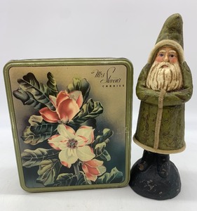 lot 70 image: Vintage MRS. STEVENS Candy Cookie Tin and Old World Santa