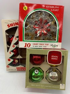 lot 68 image: Vintage SHINY BRITE Ornaments and STERLING Lighted Tree Topper