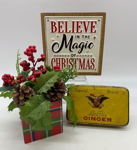 lot 45 image: Christmas Treasures including Vintage Imperial Ginger Tin, Faux Plant and Sign
