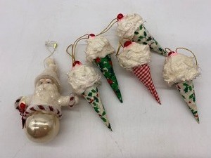 lot 57 image: Vintage Christmas Ornaments including Ice Cream Cones and Santa - QTY 7