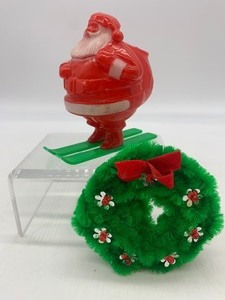lot 79 image: Vintage 1950s Hard Plastic Santa Candy Container with Chenille Ornament
