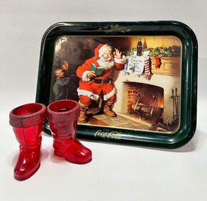 lot 220 image: VINTAGE COCA COLA Metal Tray and Plastic Santa Boots