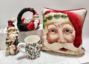 lot 230 image: ASSORTED HOLIDAY DECOR including DEPARTMENT 56 Bowl and Needlepoint Santa Pillow