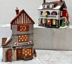 lot 232 image: DEPT. 56 HERITAGE COLLECTION Lighted Dickens Village with Poulterer and Captains Cottage