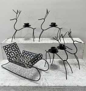 lot 234 image: MCM Vintage METAL Deer Votives and Sleigh Set