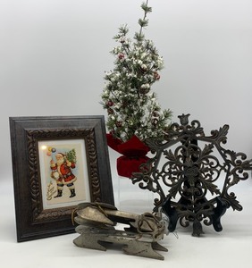 lot 119 image: Christmas Decor including Art, Vintage Skates, Trivet and Christmas Tree