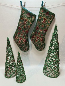 lot 271 image: Gorgeous Pair of Luxe BEADED SILK STOCKINGS and Shimmer Cone Tree Set