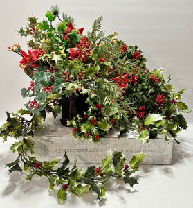 lot 370 image: Assorted PLASTIC HOLIDAY GREENERY including Holly Wreaths, Garland, Poinsettias and More