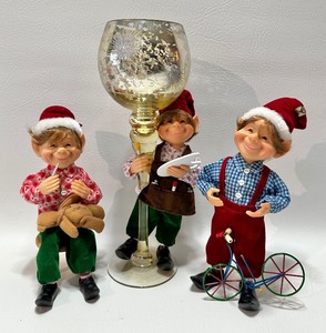 lot 307 image: Trio of Vintage Santas ELVES with MERCURY GLASS-Style Stemmed Votive Holder