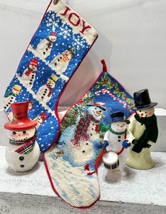 lot 317 image: Assorted Cheerful SNOWMAN Decor including DEPARTMENT 56 and Needlepoint Stockings