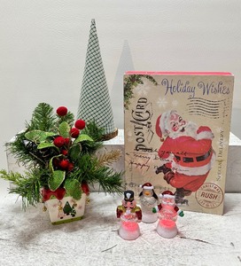 lot 283 image: Holiday Arrangement, Cone Tree, WOODEN Santa Art and Mini Lighted Snow Globes
