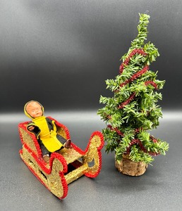 lot 284 image: VINTAGE Mid Century Glitter Sleigh and German Doll with Mini Tree