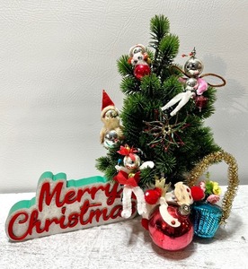 lot 286 image: Assorted HAND CRAFTED VINTAGE CHENILLE Ornaments, Mini Tree and Flocked WOODEN Sign